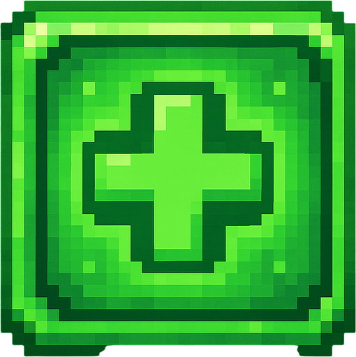 Pixel art of a green power-up icon with a heart or medical cross symbol inside. Represents healing in a 2D pixel arcade game. Glowing green, square icon.
In-Game asset.  2d.  High contrast.  No shadows