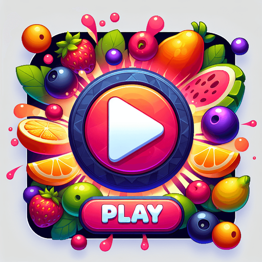 "play" text written on the button fruits splash around the border.
Single Game Texture.  In-Game asset.  2d.  Blank background.  High contrast.  No shadows