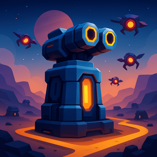 Front-facing icon, Fullscreen modern App Store art style with futuristic tower defense, 16:9, high definition.  No text captions!
