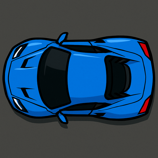 Sports Car,blue,2d,game asset,png,upper profile.
In-Game asset.  2d.  High contrast.  No shadows,upper look,upper side