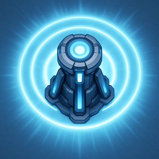 top-down view, futuristic support beacon tower, energy rings, radiant aura effect, soft blue and white glow, advanced tech support node.
In-Game asset.  2d.  High contrast.  No shadows