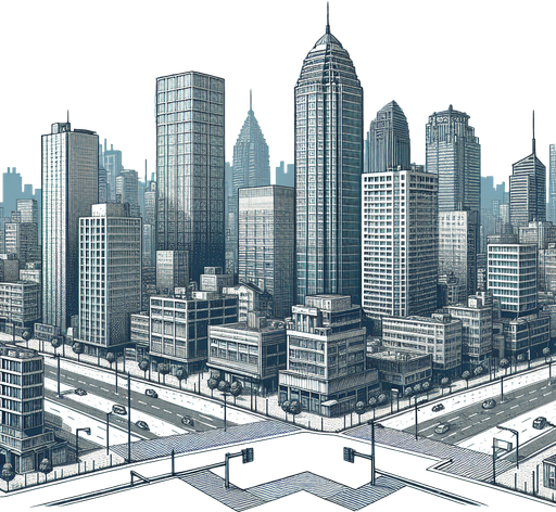 Make a city background.
Single Game Texture.  In-Game asset.  2d.  Blank background.  High contrast.  No shadows
