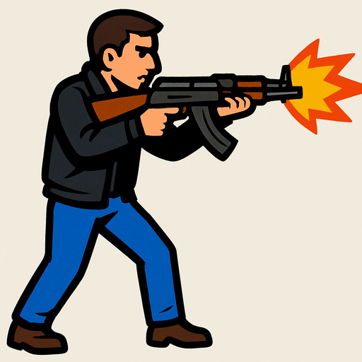 un hombre usando una chaqueta negra pantalones azules disparando un ak47.
In-Game asset.  2d.  High contrast.  No shadows con la perspectiva lateral de cuerpo completo