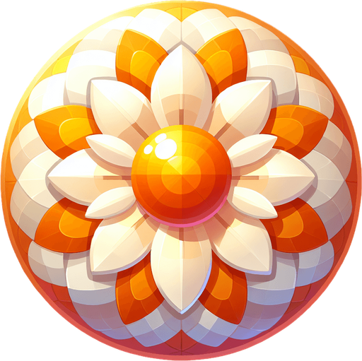 A round orange and white flower. Top down view.
Single Game Texture. In-Game asset. 2d. Blank background. High contrast. No shadows.