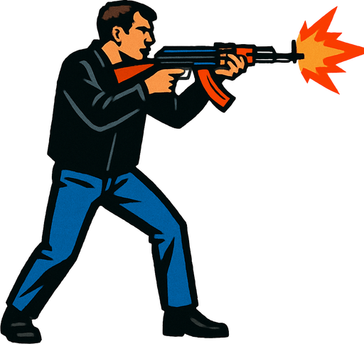 un hombre usando una chaqueta negra pantalones azules disparando un ak47.
In-Game asset.  2d.  High contrast.  No shadows con la perspectiva lateral de cuerpo completo