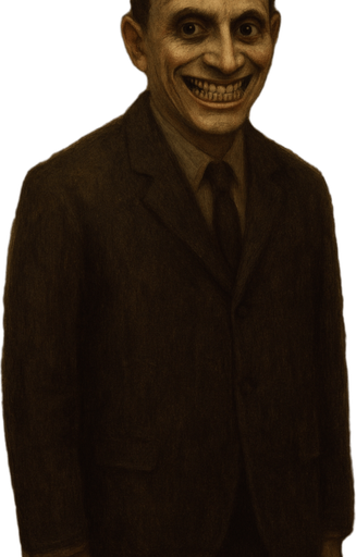 make his head backwards looking to camera and smiles uncanny horror