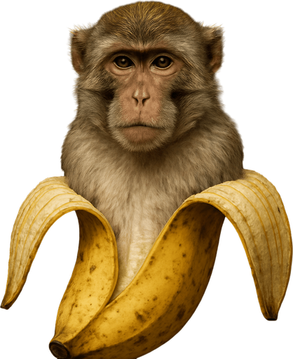 Haz a un macaco con cuerpo de plátano medio abierto, Ultra Realista, sin brazos ni piernas..
In-Game asset.  2d.  High contrast.  No shadows. Ultra Realista