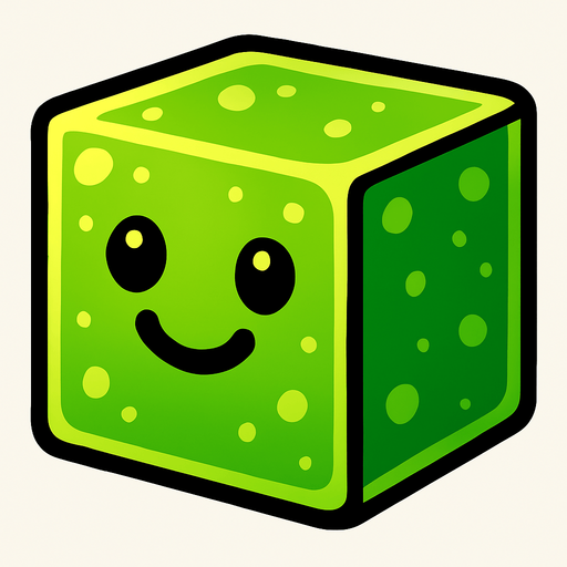 Cubo de slime con cara feliz.
In-Game asset.  2d.  High contrast.  No shadows