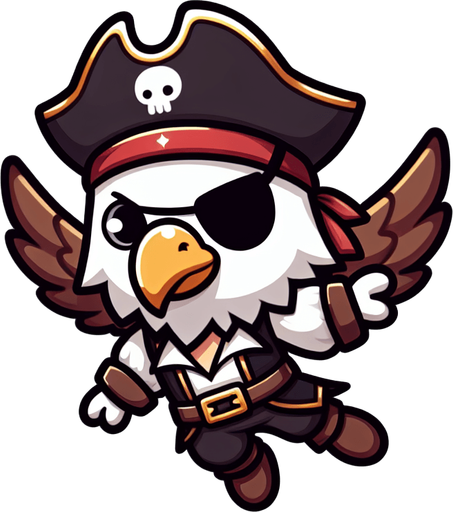 chibi cartoon eagle pirate fly.
Single Game Texture.  In-Game asset.  2d.  Blank background.  High contrast.  No shadows