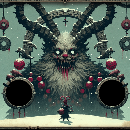 eerie christmas inspired krampus frame with two circular holes with a resident evil style.
Single Game Texture. In-Game asset. 2d. Blank background. High contrast. No shadows.
