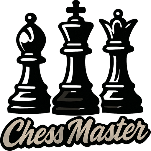 en altla havalı kalın ve grafik çizim olarak italik bir yazıyla Chess Master yazan koyu renk temalı 3 adet ortada büyük şah sağda vezir ve solda fil olacak şekilde satranç taşları.
In-Game asset.  2d.  High contrast.  No shadows