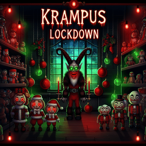 Eerie Christmas-inspired toy shop The only text on screen should be the title "Krampus Lockdown" centered on the image..
Single Game Texture. In-Game asset. 2d. Blank background. High contrast. No shadows.