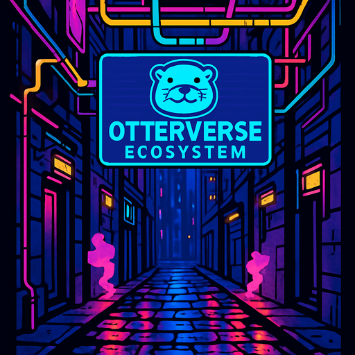 “Design a narrow cyber-alley between skyscrapers, with vibrant neon pipes crisscrossing overhead. One large digital holo-banner proclaims ‘Otterverse ecosystem.’ Add steam vents, flickering side-street lights, and wet cobblestones reflecting color—no characters or coins.”.
In-Game asset.  2d.  High contrast.  No shadows