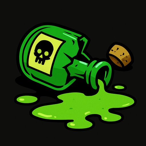 Bana yeşil kırılmış bir zehir şişesi çiz zehir yere akmış.
In-Game asset.  2d.  High contrast.  No shadows