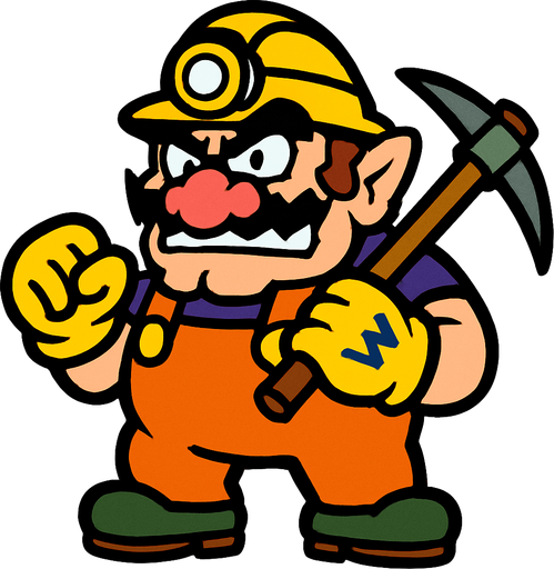Super Mario'daki Wario karakteri ama madenci kılığında.
In-Game asset.  2d.  High contrast.  No shadows