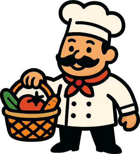Chef con una cesta en la mano.
In-Game asset.  2d.  High contrast.  No shadows