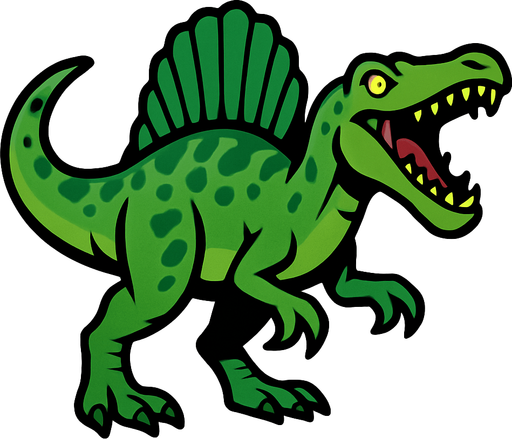 Spinosaurus, yeşil, ağzı açık.
In-Game asset.  2d.  High contrast.  No shadows