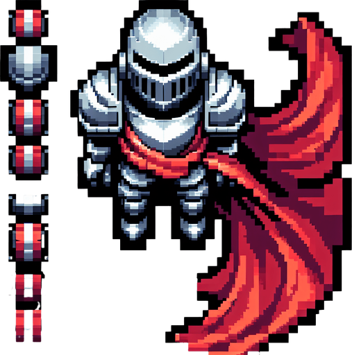 A pixelated 2D knight character sprite viewed from directly above, wearing silver armor and a red cape. The character is simplified to basic shapes - a circular body with rectangular shoulder plates. The cape extends behind the character. Clean pixel art style with no shading, designed for top-down gameplay..
Single Game Texture. Top-down view. Pixel art. Game character sprite. 32x32 pixels. Transparent background. 2D game asset. Clean edges. No anti-aliasing. High contrast colors. Character centered.