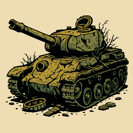 Old abandoned, broken tank.
In-Game asset.  2d.  High contrast.  No shadows
