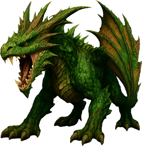 Different standing dragon of forest on four legs, he's head is down and opened mouth to shout. HD colors.
Single Game Texture. In-Game asset. 3D. Blank background. High contrast. No shadows.