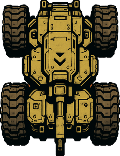 Top view of a Heavy armored military ground drone.
In-Game asset.  2d.  High contrast.  No shadows