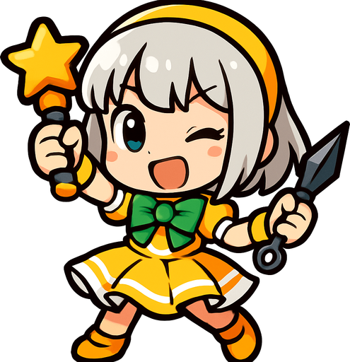 Esta chica tiene un diseño de estilo chibi anime, lo que le da un aspecto adorable y expresivo. Aquí va una descripción detallada:

🔸 Apariencia general:
Es una niña pequeña de proporciones caricaturescas, con cabeza grande y cuerpo diminuto, típica del estilo chibi.

🔸 Cabello:
Cabello platinado o gris, corto, llega hasta sus hombros. Flequillo recto.

🔸 Ropa:
Viste un traje colorido similar al de una idol japonesa:

Vestido amarillo y blanco con detalles verdes

Moño verde en el pecho

Falda con vuelo, adornada con líneas blancas y amarillas

🔸 Accesorios:

Lleva un micrófono con forma de estrella en una mano, lo que sugiere que es una cantante o idol.

En la otra mano, sostiene kunak, lo cual le da un toque de una ninja alegre
🔸 Expresión:
Tiene una expresión alegre, decidida y enérgica, como si estuviera lista para una canción. Un ojo cerrado y la boca abierta de felicidad, simulando que canta feliz para sus fans.
In-Game asset.  2d.  High contrast.  No shadows