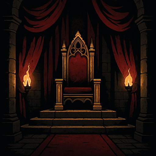An imposing medieval throne room draped in red velvet, dark stone pillars, torches casting shadows, the throne elevated above all. realistic

In-Game asset.  2d.  High contrast.  No shadows