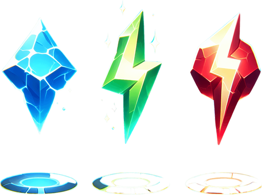 A glowing, floating power-up icon shaped like a lightning bolt, rotating in mid-air. Colors include blue, green, and red variants.".
Single Game Texture.  In-Game asset.  2d.  Blank background.  High contrast.  No shadows