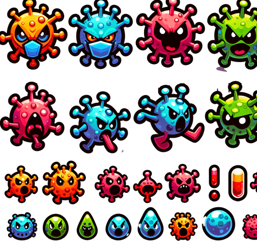 make a cartoony enemy germs..
Single Game Texture.  In-Game asset.  2d.  Blank background.  High contrast.  No shadows