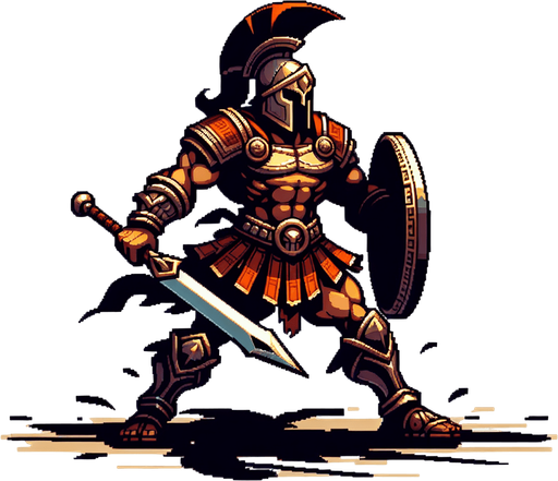 An animated image of an aggressive ancient greek warrior.
Single Game Texture. In-Game asset. 2d. Blank background. High contrast. No shadows.