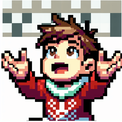 excited kid seen from the front, holding both of his hands extended upwards expecting to catch.looking upward. dressed for Christmas. Single Game Texture. In-Game asset. 2d. Blank background. High contrast. No shadows. pixelated. 8 bit
