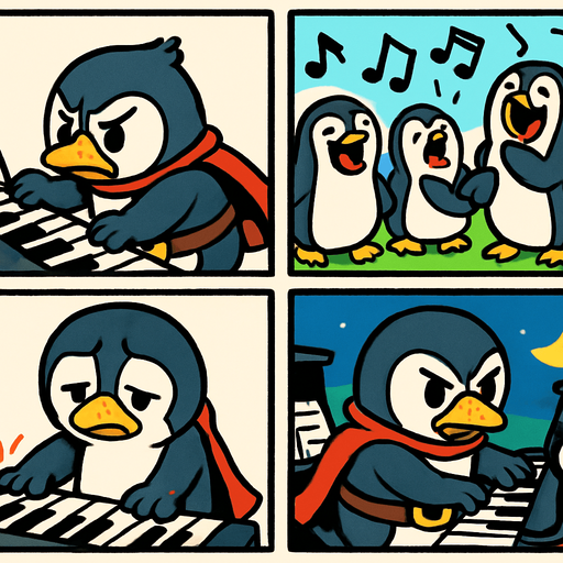 4-panel comic strip, no text, cute cartoon style, bright colors, black outlines.
Characters: Penguin Hero (small, determined) + Village Penguins
Central Theme: Music connects hearts, piano mastery wins love. Story: Hero faces challenges and obstacles in his musical journey

Panel 1: Hero struggles with difficult piano piece, frustrated
Panel 2: Other penguins mock his practicing, musical notes look harsh/jagged
Panel 3: Hero's flippers are sore, he looks exhausted
Panel 4: But Hero persists, practicing by moonlight, determined expression
In-Game asset.  2d.  High contrast.  No shadows