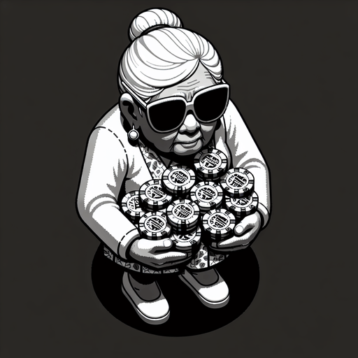 Top down image of an old lady carrying poker tokens wearing sunglasses. Single Game Texture. In-Game asset. 2d. Blank background. High contrast. No shadows.