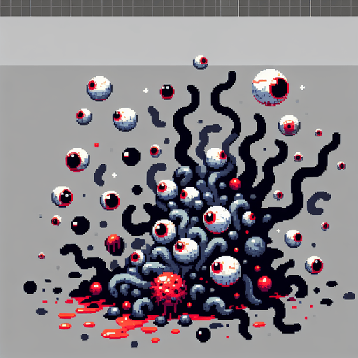 Gray red blob explosion, tentacles, eye balls, squelch
Single Game Texture. In-Game asset. 2d. Blank background. High contrast. No shadows.