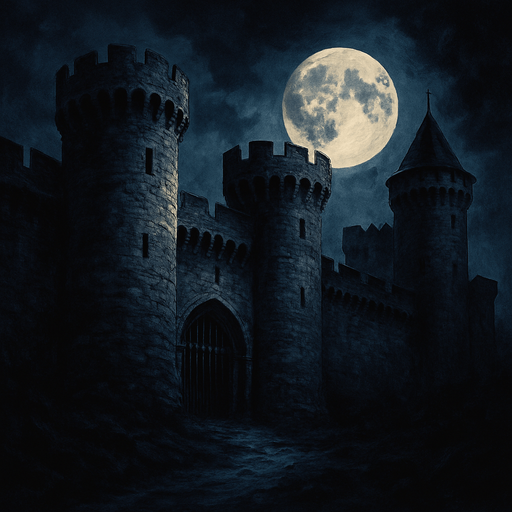 gece yarısı eski ve gerçekçi bir kale resmi.
In-Game asset.  2d.  High contrast