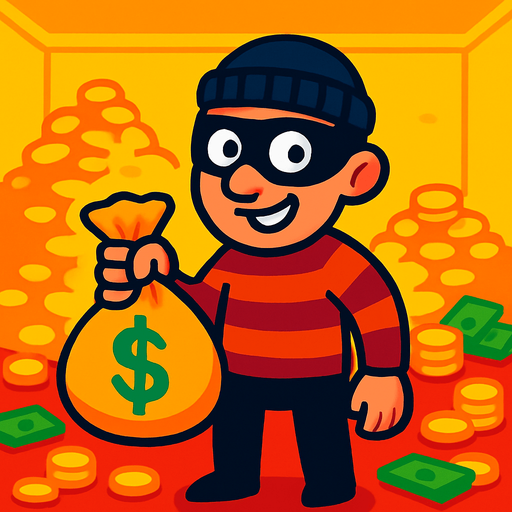 Bu bir oyun menüsü arkaplanı, elinde para çantası tutan 2d bir hırsız altınlar ve paraların olduğu bir odada ekrana bakıyor. canlı renkler.
In-Game asset.  2d.  High contrast.  No shadows