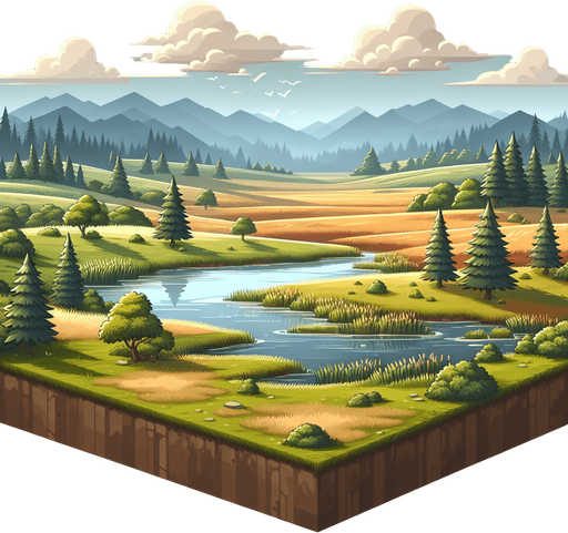 Cool scenic view.
Single Game Texture. In-Game asset. 2d. Blank background. High contrast. No shadowcs.