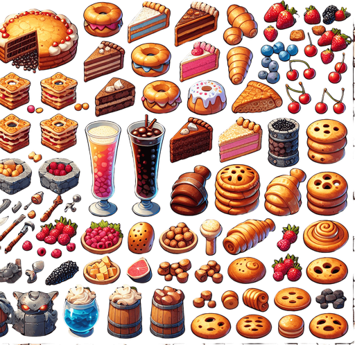 A spritesheet full of different delicious medieval cakes and snacks and beverages..
Single Game Texture. In-Game asset. 2d. Blank background. High contrast. No shadows.
