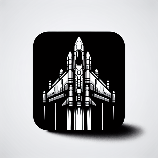 military spaceship flies upward.
Single Game Texture. In-Game asset. 2d. Blank background. High contrast. No shadows.