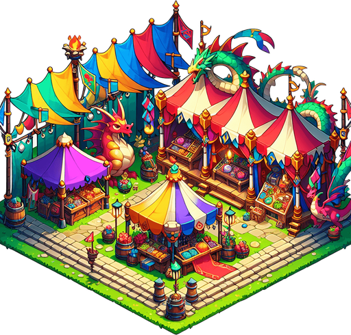 a festival in a  fantasy rts style.
Single Game Texture. In-Game asset. 2d. Blank background. High contrast. No shadows.