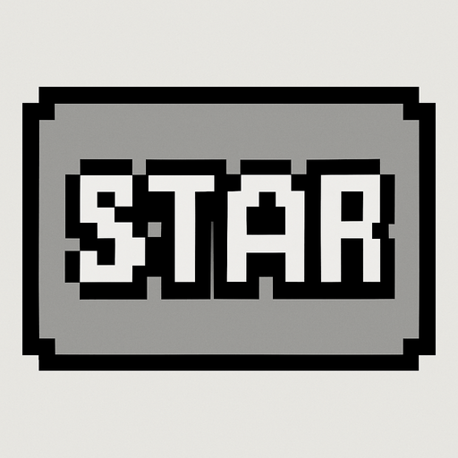 Rectángulo gris con bordes negros que en el sentro tenga la palabra Star pixelada.
In-Game asset.  High contrast.  No shadows