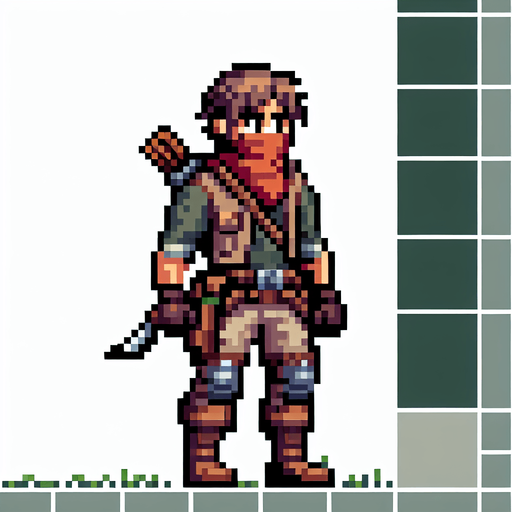 8-bit character that is a hunter.
Single Game Texture. In-Game asset. 2d. Blank background. High contrast. No shadows.
