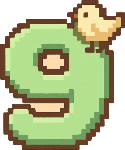 A pixel art number "9" designed for a cozy, cute retro 2D game UI with a bird theme. The number is rendered in soft pastel light green tones to harmonize with the gentle and sweet aesthetic of the game. It has a clean, simple, and rounded pixel style with no harsh edges, fitting perfectly within the pixel art UI style. The number is bold and easily readable at small sizes..
In-Game asset.  2d.  High contrast.  No shadows. pixel art. retro. 2d ui. number. pastel light green. simple. rounded edges. bold. cute. minimal