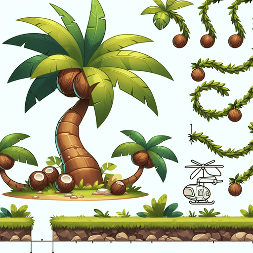 Design a cartoon-style palm tree or jungle vine obstacle for a helicopter game. The palm should have a curved trunk, big floppy leaves, and maybe coconuts. The vines can hang or swing. Make it playful and jungle-themed.