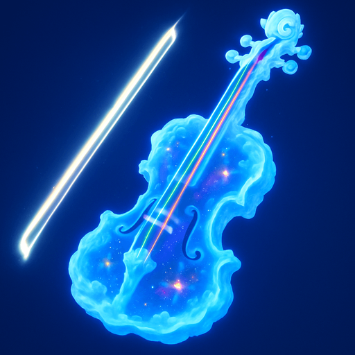 Un violín que parece estar esculpido en nubes etéreas o cristal de éter, con un brillo suave. El arco es un haz de luz pura que deja un rastro luminoso al moverse. Las cuerdas son finos hilos de energía que brillan con diferentes colores, y el cuerpo del violín podría tener constelaciones o nebulosas incrustadas..
In-Game asset.  2d.  High contrast.  No shadows