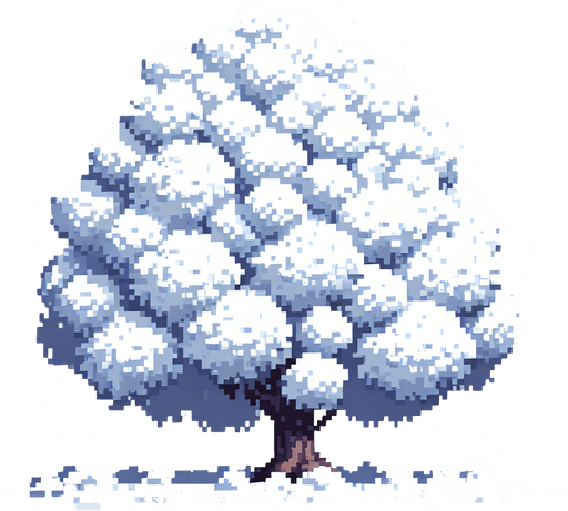 pixel art of a large tree covered in snow.
Single Game Texture. In-Game asset. 2d. Blank background. High contrast. No shadows.