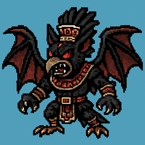 Genérame una Halcon Murcielago guerrero azteca con eso patrones, estilo pixelar, con una apariencia maligna, ojos rojos, rabioso. Unidad aerea con alas. Animal.
In-Game asset.  2d.  High contrast.  No shadows