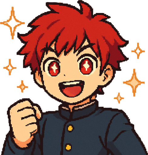 A kawaii anime boy with intense red eyes, each containing shining stars. He raises his fist forward with determination, wearing a wide, open smile full of enthusiasm. Sparkles and glimmers float around him, symbolizing hope. The entire scene is rendered in Pixel Art style.