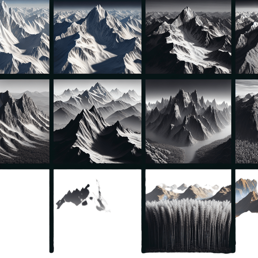 diffrent kinds of mountains.
Single Game Texture.  In-Game asset.  High contrast