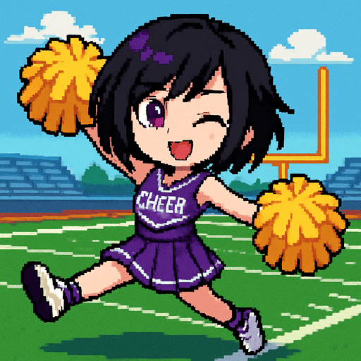 A cute anime-style girl rendered in pixel art, with an emo aesthetic and striking purple eyes, is wearing a high school cheerleader uniform and holding pom-poms in both hands. With her arms and legs extended in a dynamic pose, she winks playfully while cheering. The background is an American football field.